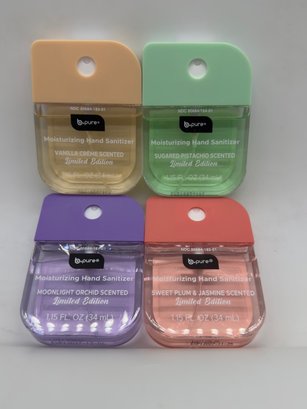 Lot of 4 B-pure Hand sanitizer Spray Vanilla Pistachio Moonlight Sweet Plum
